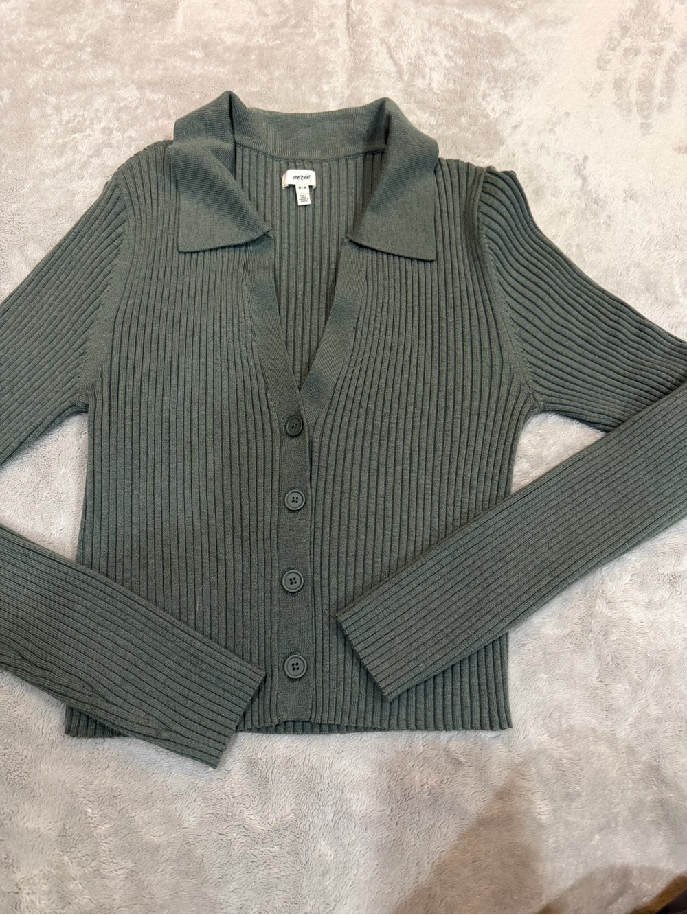aerie Olive Green Ribbed Button-Front Cardigan